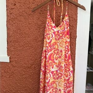 NO BOUNDARIES Junior Size Small Pink Orange Yellow Beaded Halter Mini Dress